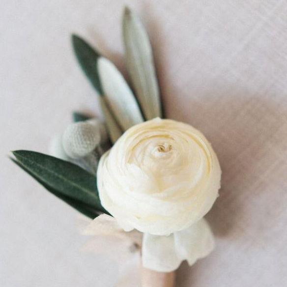 White Rose Boutonniere with babies breath & greens - Plainfield Florist